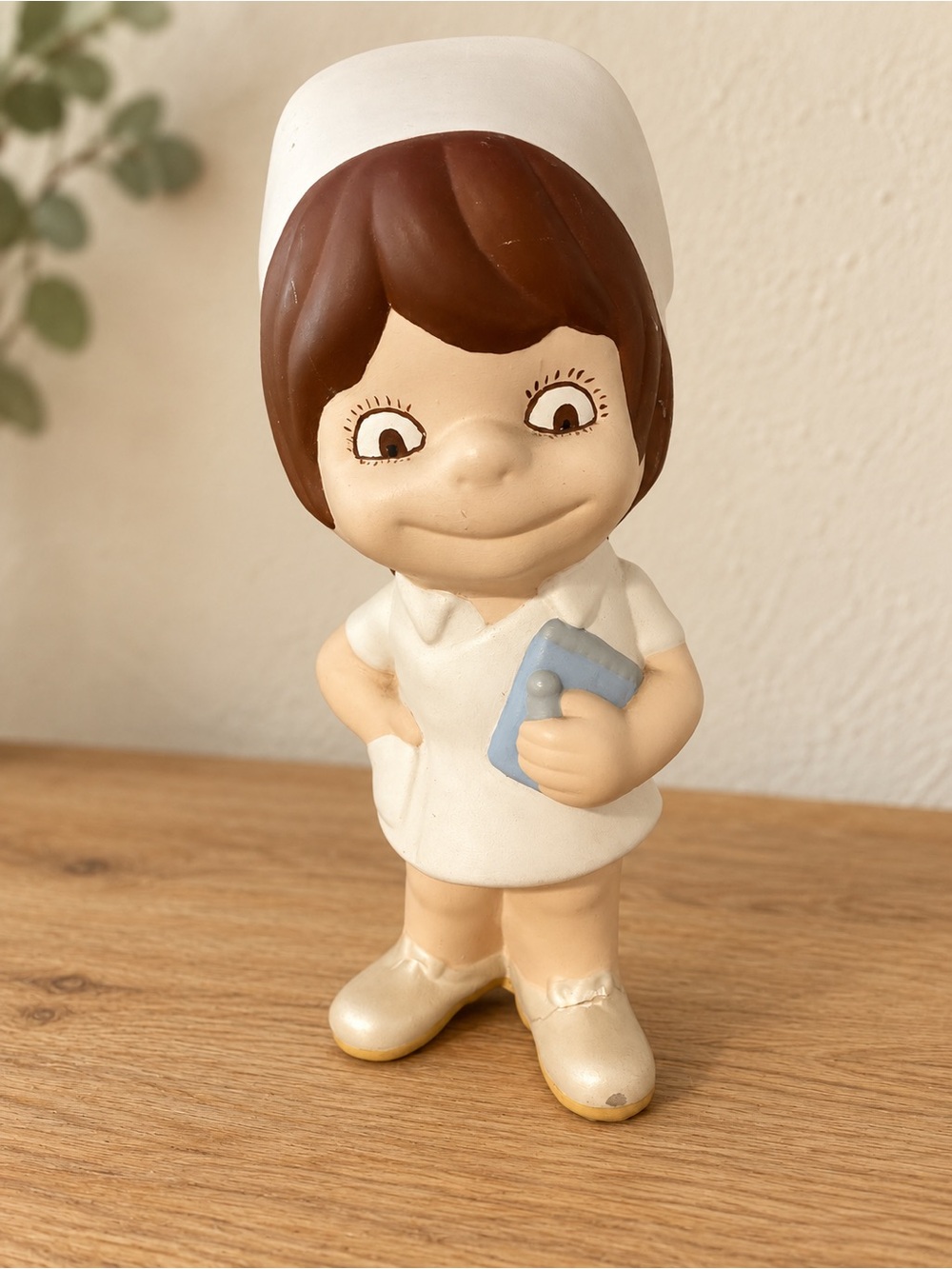 Vintage Ceramic Nurse Figurine Brown Hair White Uniform Blue Chart – As Is